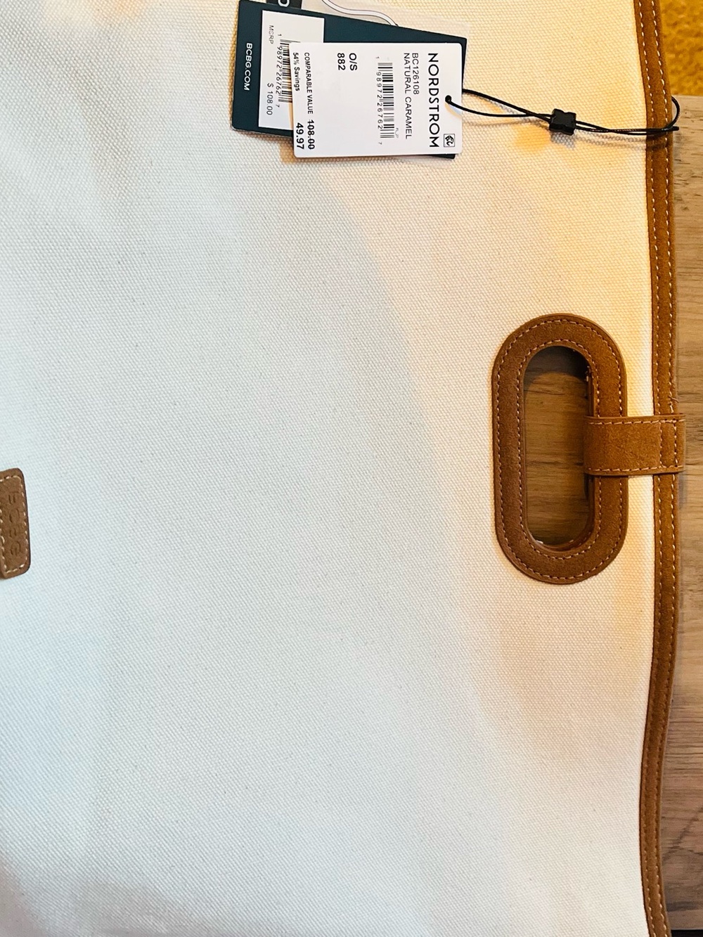 BCBG Cream Canvas Tote with Brown Trim and Cutout Handles